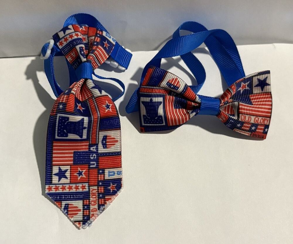 Bow Tie Necktie Set 250th July 4th USA Flag Liberty Bell Dog Cat 7"+